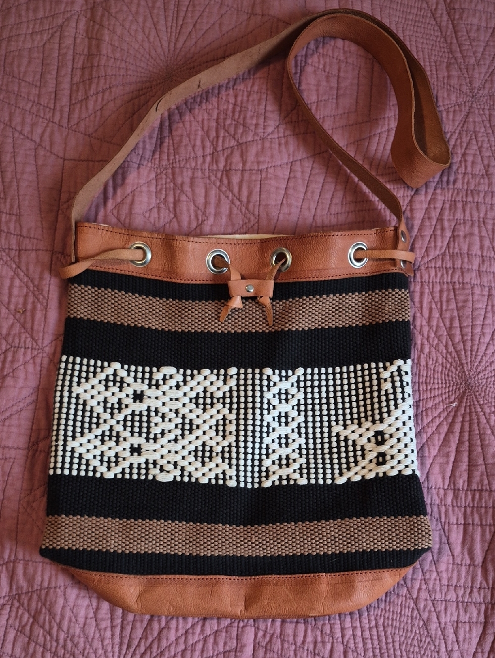 Handwoven Black, Tan,white Shoulder Bag